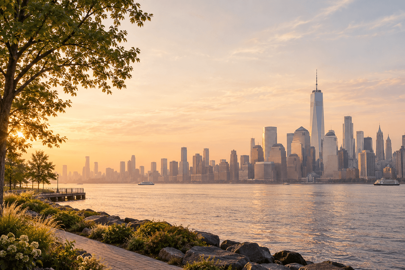 An original New York waterfront and Manhattan skyline in warm morning light